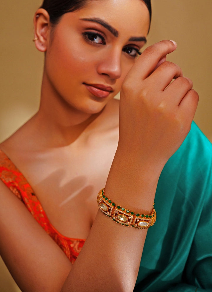 Gold Finish Bracelet With Moissanite Polki And Green Stones Zevar by Geeta - Fabilicious Fashion