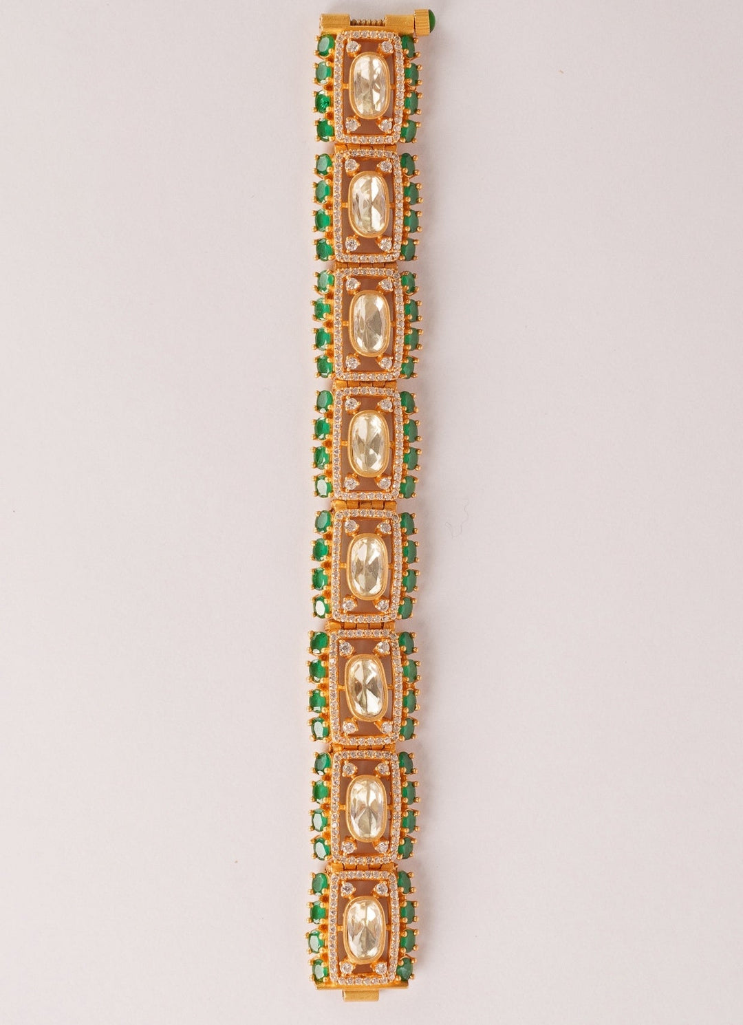 Gold Finish Bracelet With Moissanite Polki And Green Stones Zevar by Geeta - Fabilicious Fashion