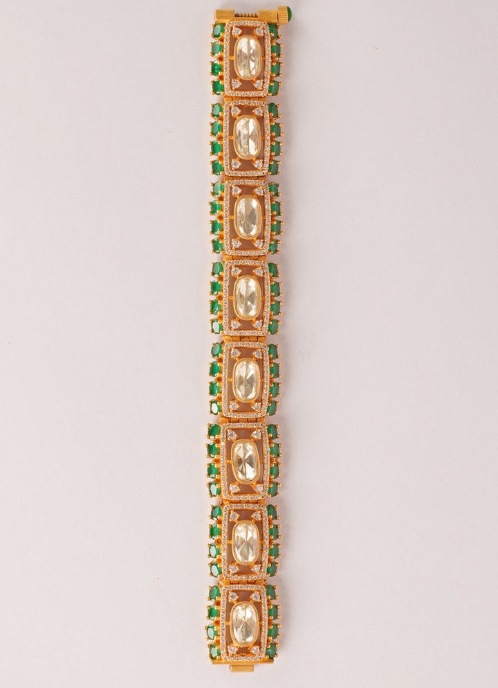 Gold Finish Bracelet With Moissanite Polki And Green Stones Zevar by Geeta - Fabilicious Fashion