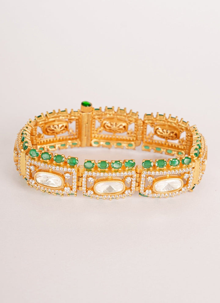 Gold Finish Bracelet With Moissanite Polki And Green Stones Zevar by Geeta - Fabilicious Fashion