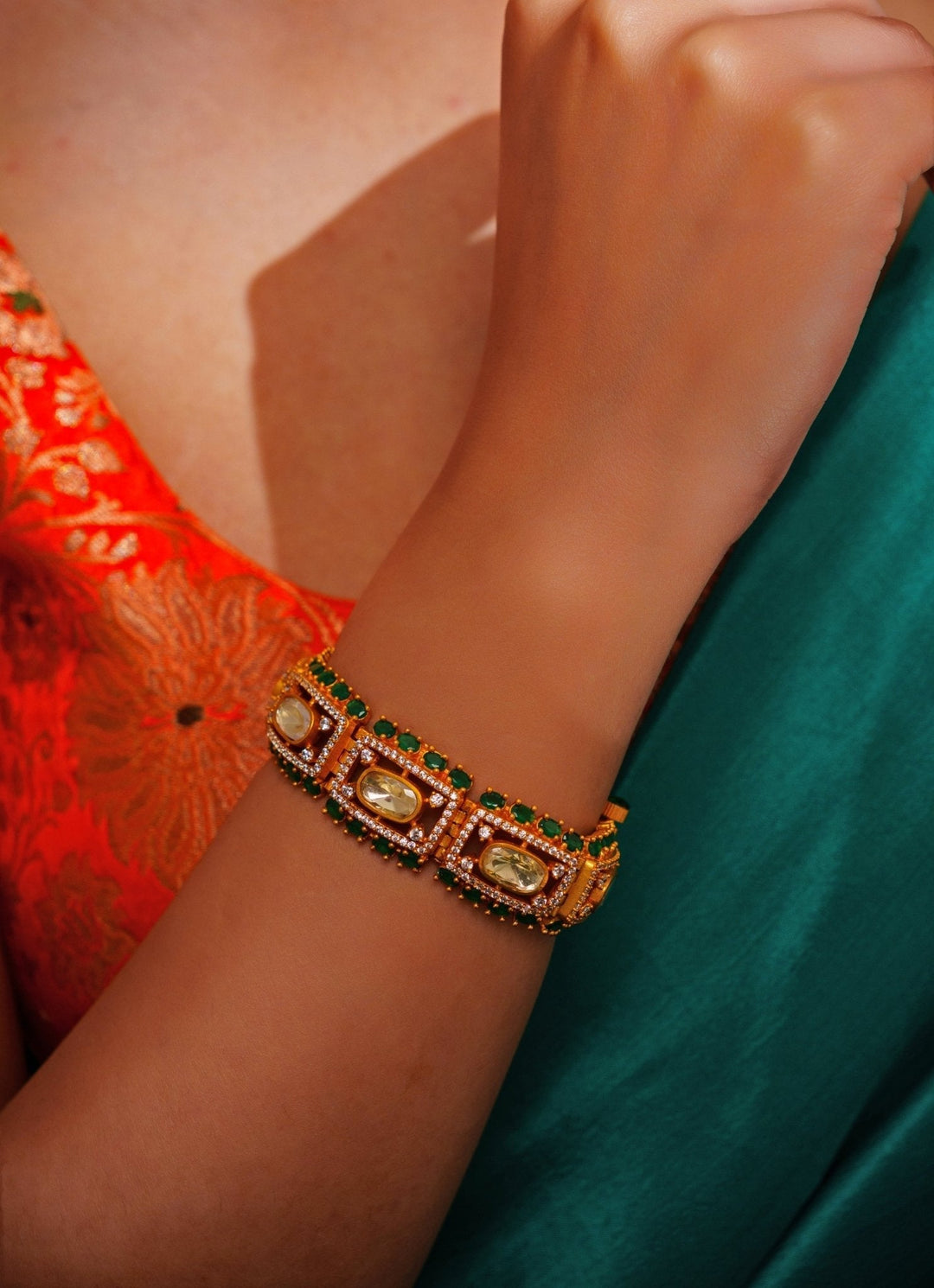 Gold Finish Bracelet With Moissanite Polki And Green Stones Zevar by Geeta - Fabilicious Fashion