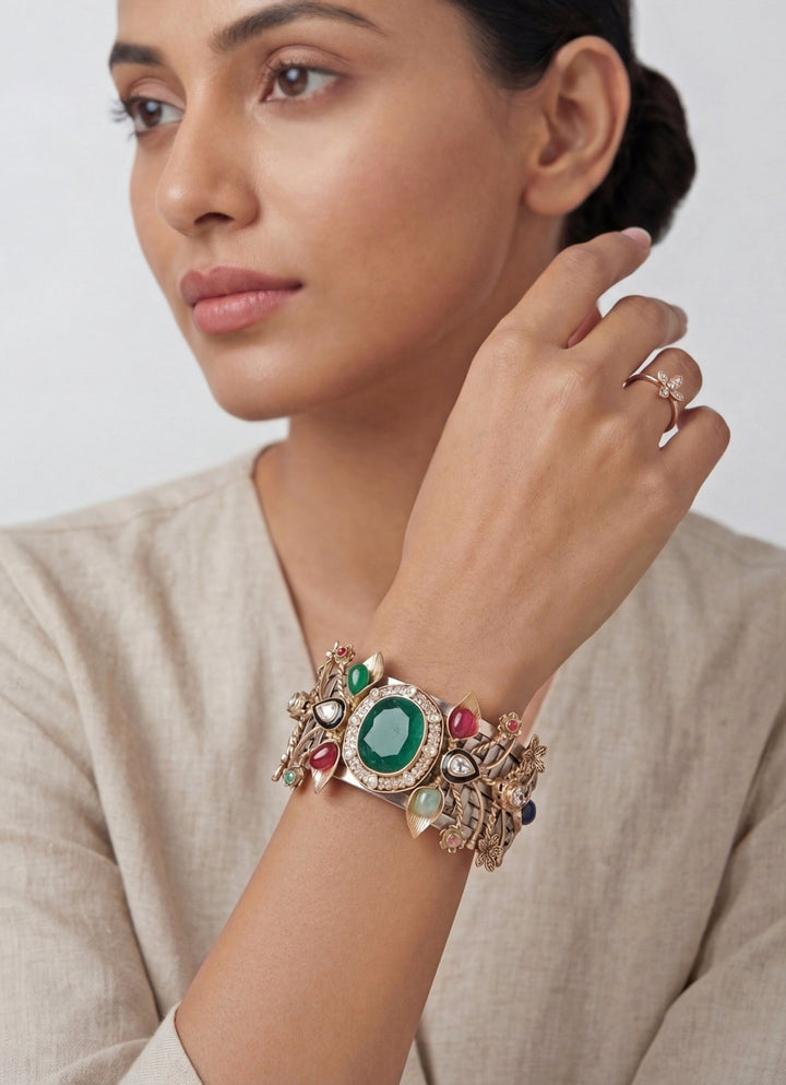 Gold Finish Cuff Bracelet With Multicolor Stones Zevar by Geeta - Fabilicious Fashion