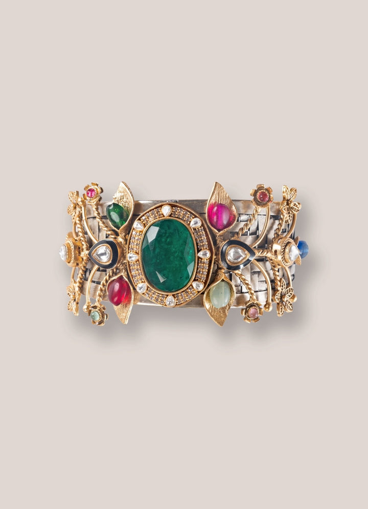 Gold Finish Cuff Bracelet With Multicolor Stones Zevar by Geeta - Fabilicious Fashion