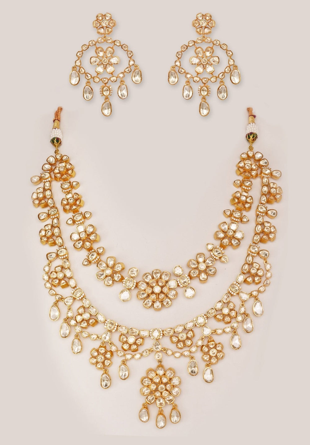 Gold Finish Dual Layered Moissanite Necklace Set Zevar by Geeta - Fabilicious Fashion