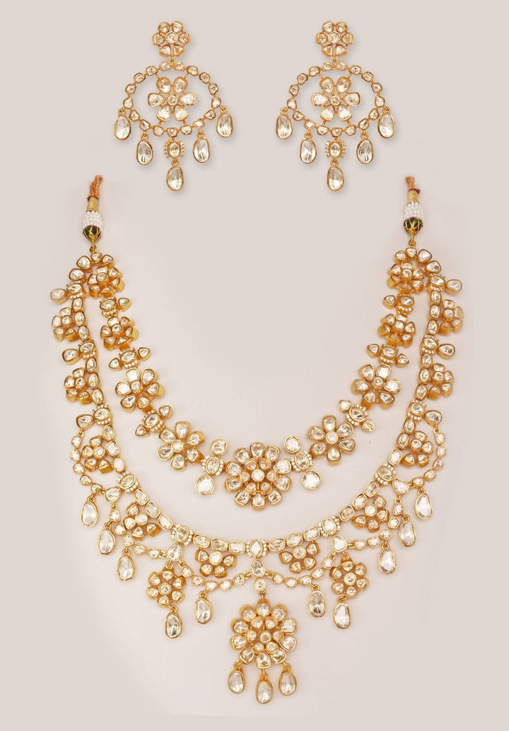 Gold Finish Dual Layered Moissanite Necklace Set Zevar by Geeta - Fabilicious Fashion