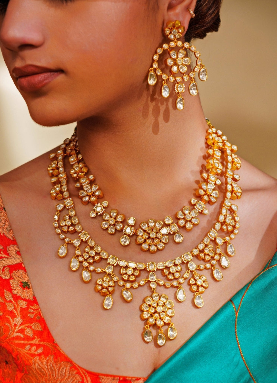 Gold Finish Dual Layered Moissanite Necklace Set Zevar by Geeta - Fabilicious Fashion