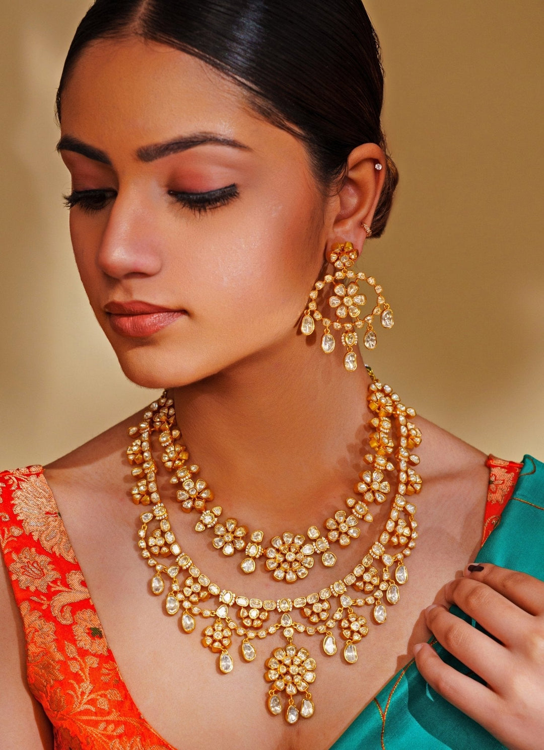 Gold Finish Dual Layered Moissanite Necklace Set Zevar by Geeta - Fabilicious Fashion
