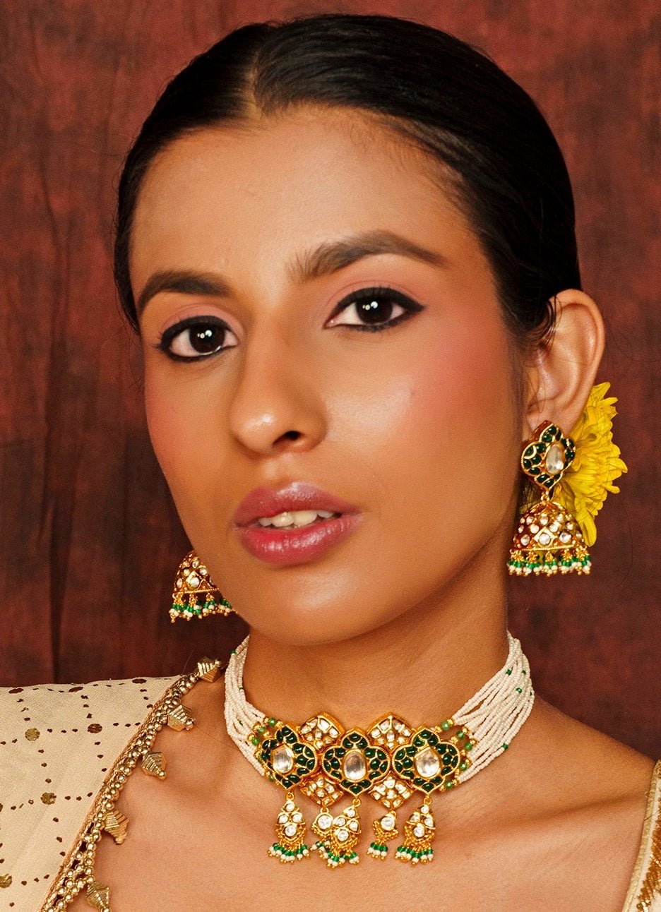 Gold Finish Elegant Green And Pearl Choker Set Zevar By Geeta - Fabilicious Fashion