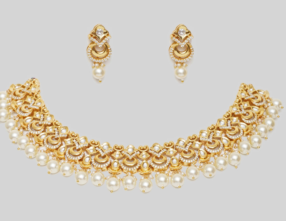 Gold Finish Elegant Kundan And Pearl Necklace Set Zevar By Geeta - Fabilicious Fashion
