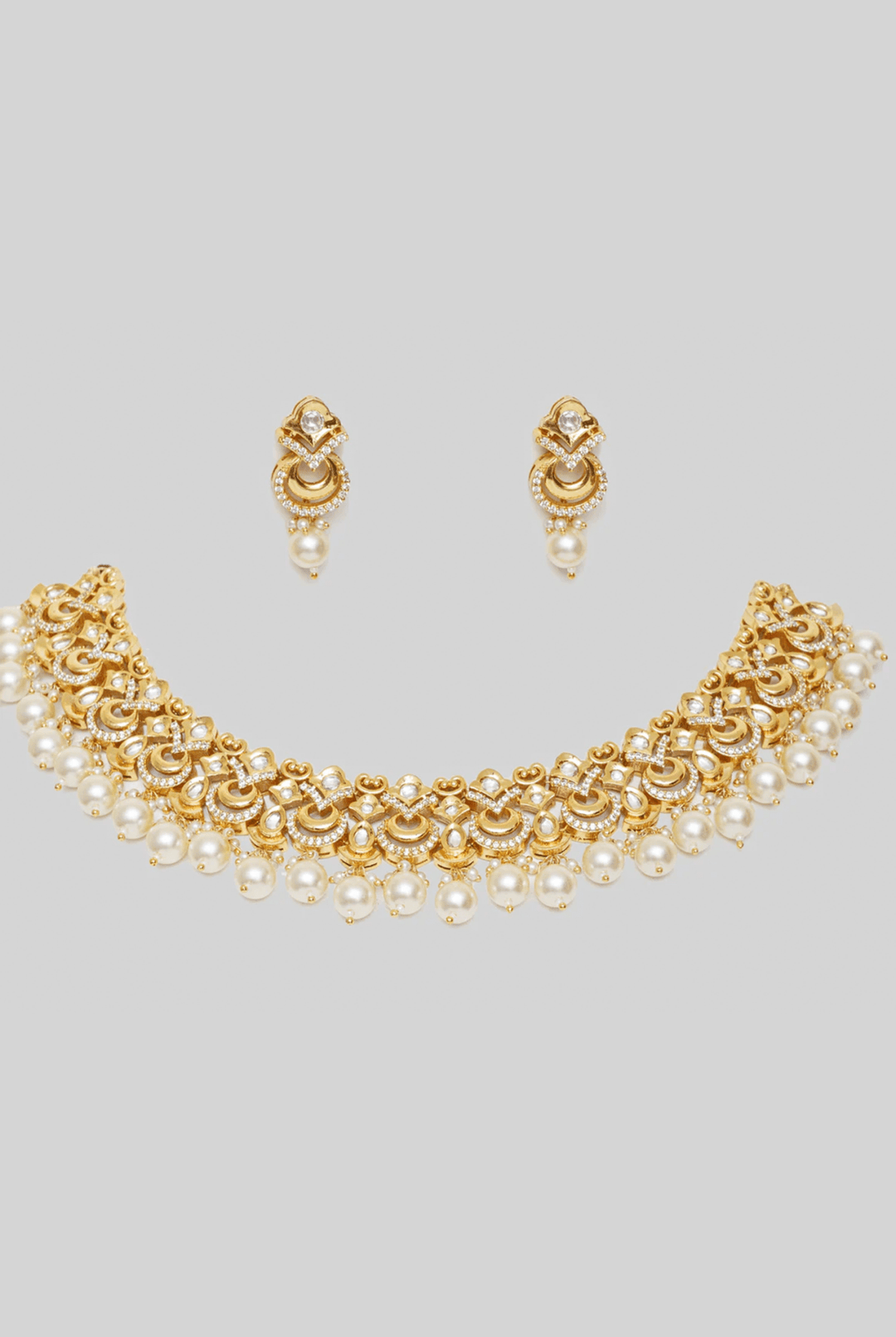 Gold Finish Elegant Kundan And Pearl Necklace Set Zevar By Geeta - Fabilicious Fashion