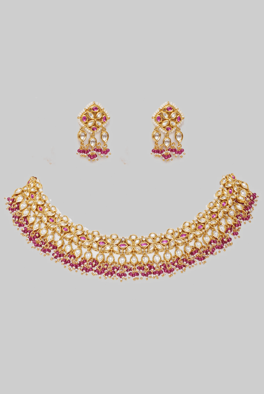Gold Finish Elegant Kundan And Pink Stone Necklace Set Zevar By Geeta - Fabilicious Fashion