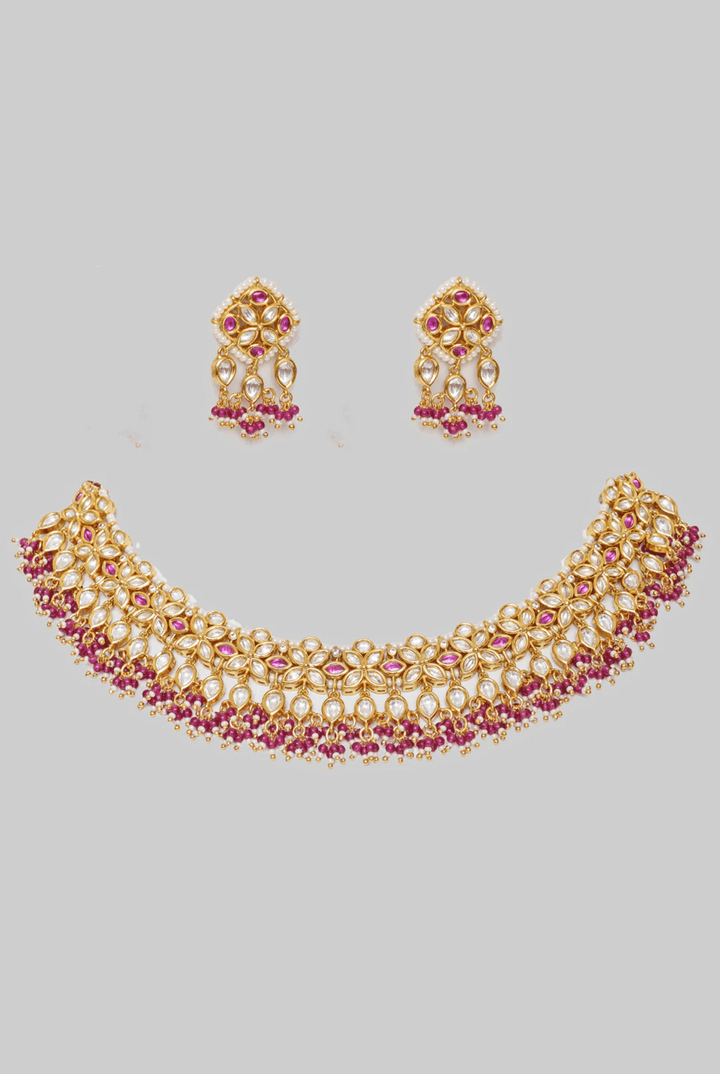 Gold Finish Elegant Kundan And Pink Stone Necklace Set Zevar By Geeta - Fabilicious Fashion