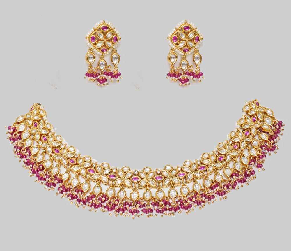 Gold Finish Elegant Kundan And Pink Stone Necklace Set Zevar By Geeta - Fabilicious Fashion