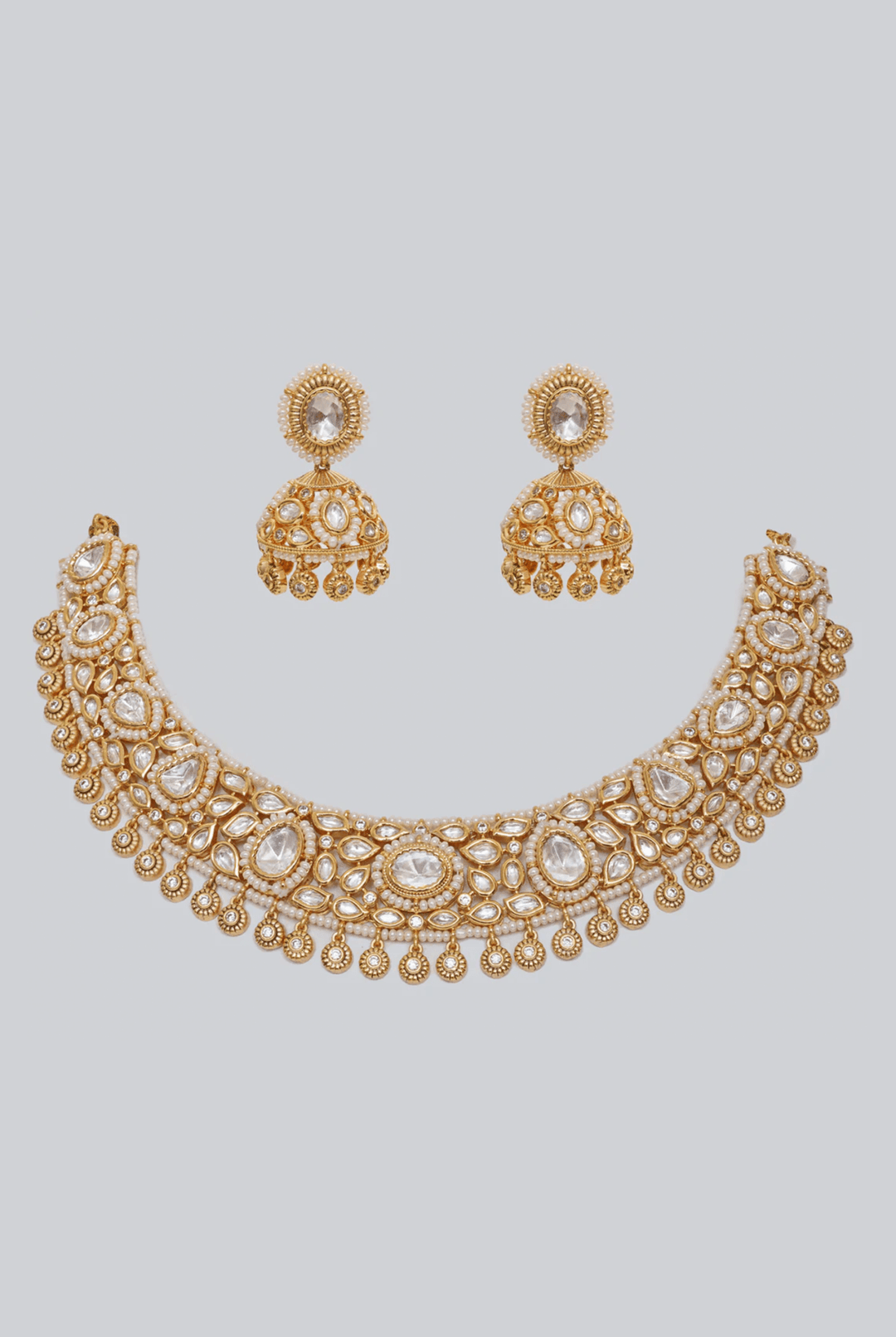 Gold Finish Elegant Kundan Polki Necklace Set Zevar By Geeta - Fabilicious Fashion