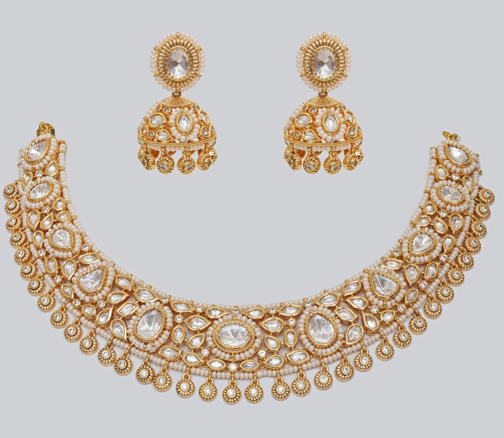 Gold Finish Elegant Kundan Polki Necklace Set Zevar By Geeta - Fabilicious Fashion
