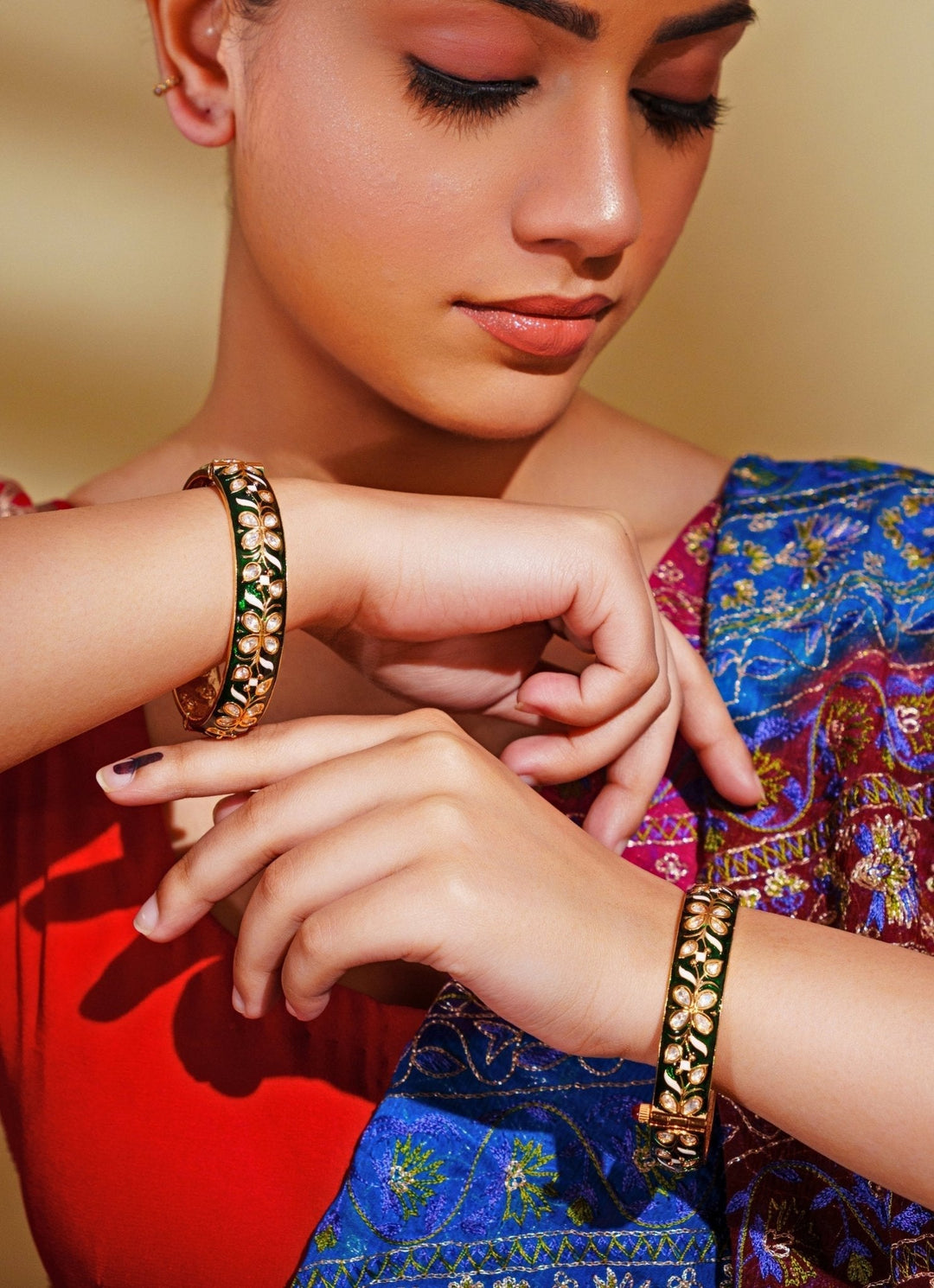 Gold Finish Green Floral Meenakari Kadas Zevar by Geeta - Fabilicious Fashion