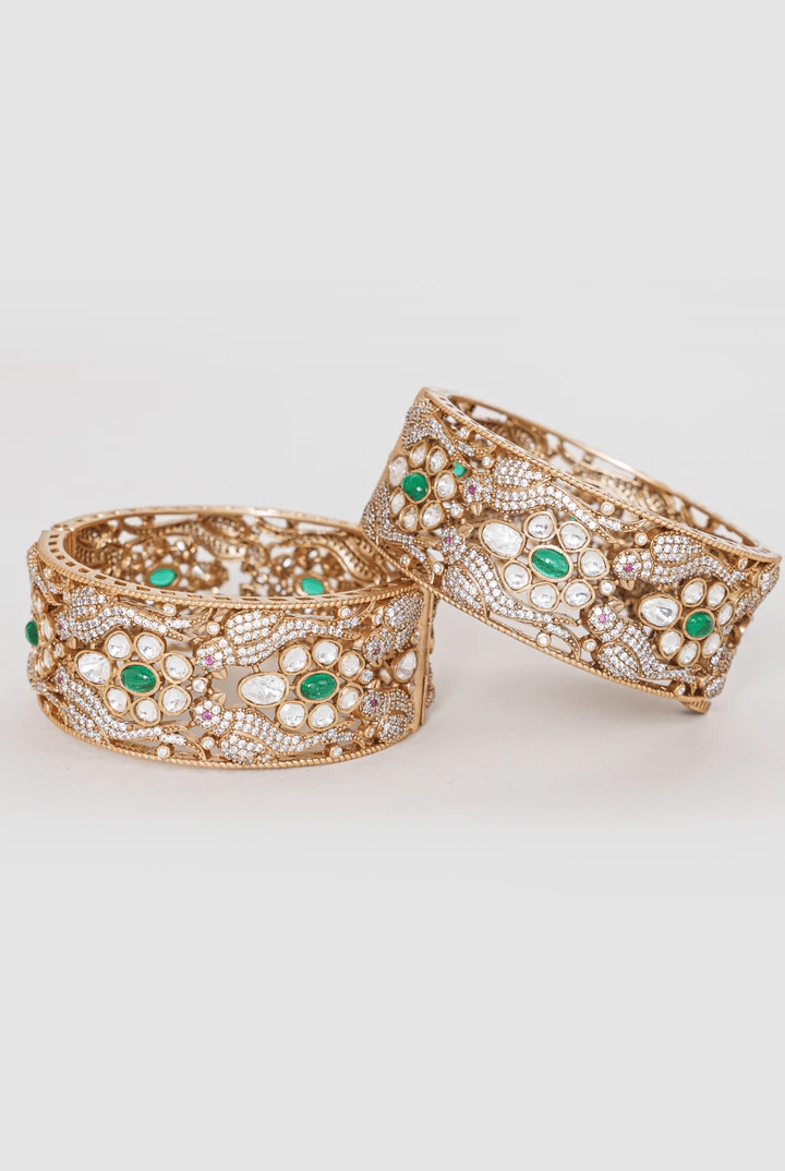 Gold Finish Green Stone Antique Kadas Zevar By Geeta - Fabilicious Fashion