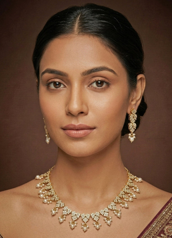 Gold Finish Jadau Necklace Set Zevar by Geeta - Fabilicious Fashion