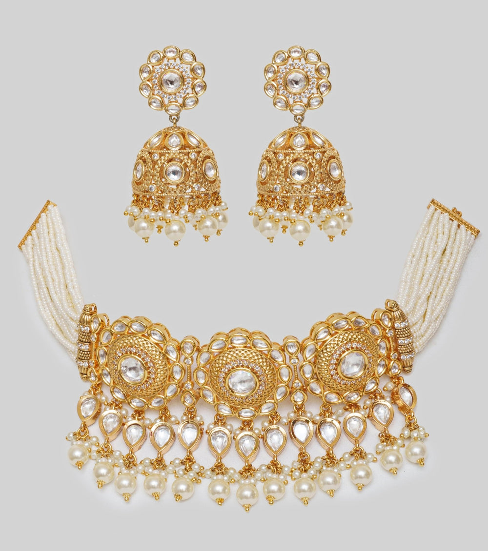 Gold Finish Kundan And Pearl Choker Set Zevar By Geeta - Fabilicious Fashion