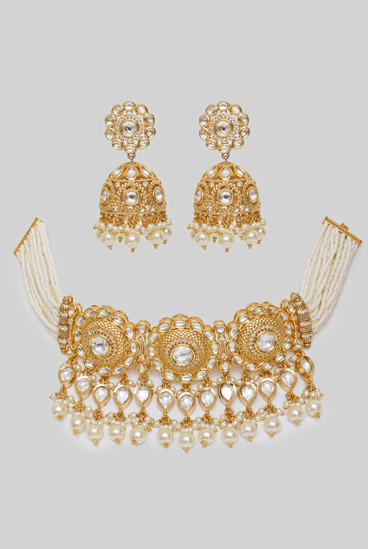 Gold Finish Kundan And Pearl Choker Set Zevar By Geeta - Fabilicious Fashion