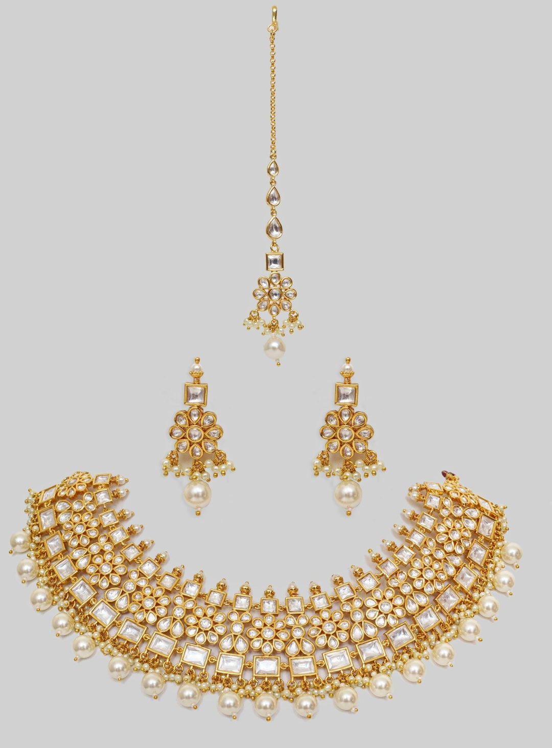 Gold Finish Kundan And Pearl Drop Necklace Set With Maang Tikka Zevar By Geeta - Fabilicious Fashion