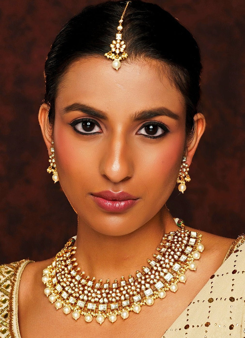 Gold Finish Kundan And Pearl Drop Necklace Set With Maang Tikka Zevar By Geeta - Fabilicious Fashion