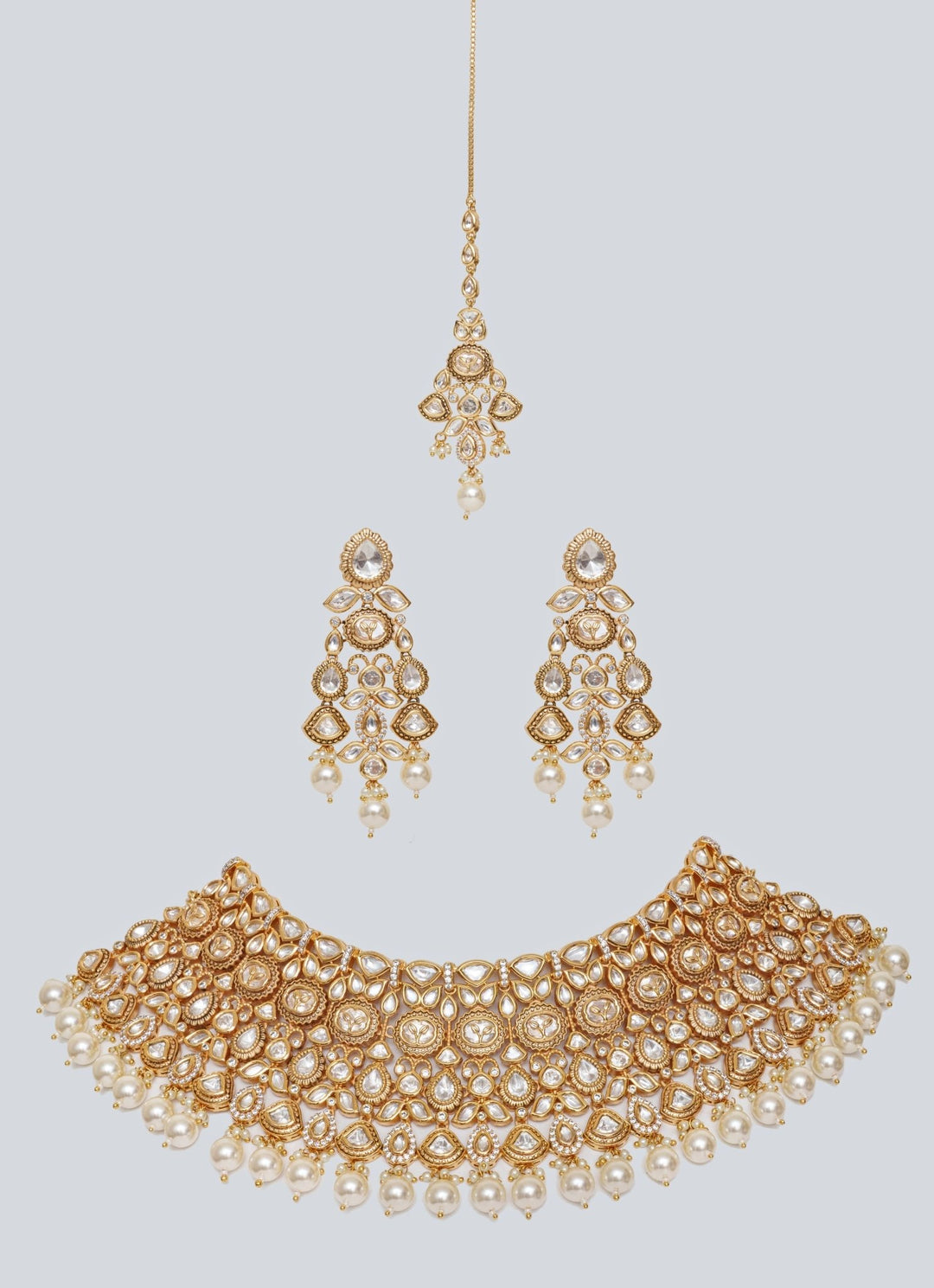 Gold Finish Kundan And Pearl Drop Necklace Set Zevar By Geeta - Fabilicious Fashion