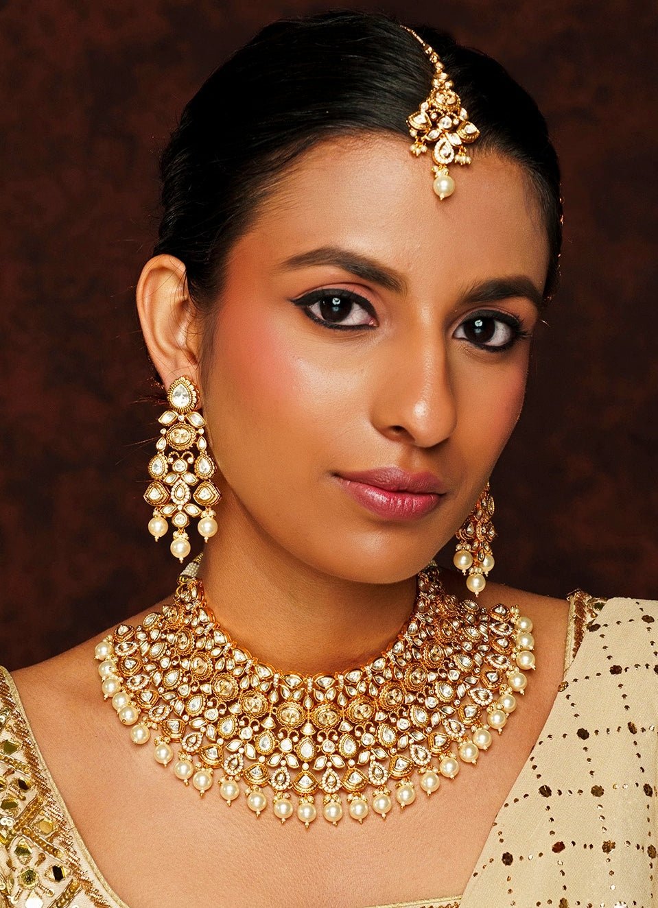 Gold Finish Kundan And Pearl Drop Necklace Set Zevar By Geeta - Fabilicious Fashion