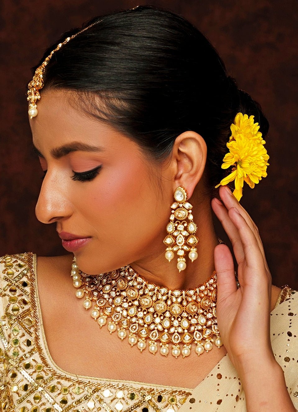 Gold Finish Kundan And Pearl Drop Necklace Set Zevar By Geeta - Fabilicious Fashion
