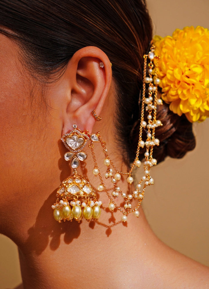 Gold Finish Kundan And Pearl Ear Chains Zevar by Geeta - Fabilicious Fashion