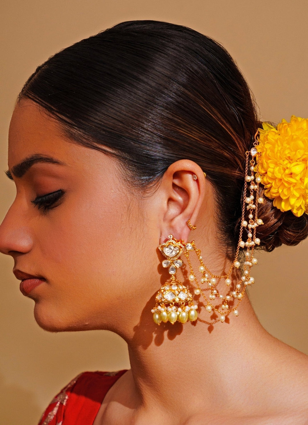 Gold Finish Kundan And Pearl Ear Chains Zevar by Geeta - Fabilicious Fashion