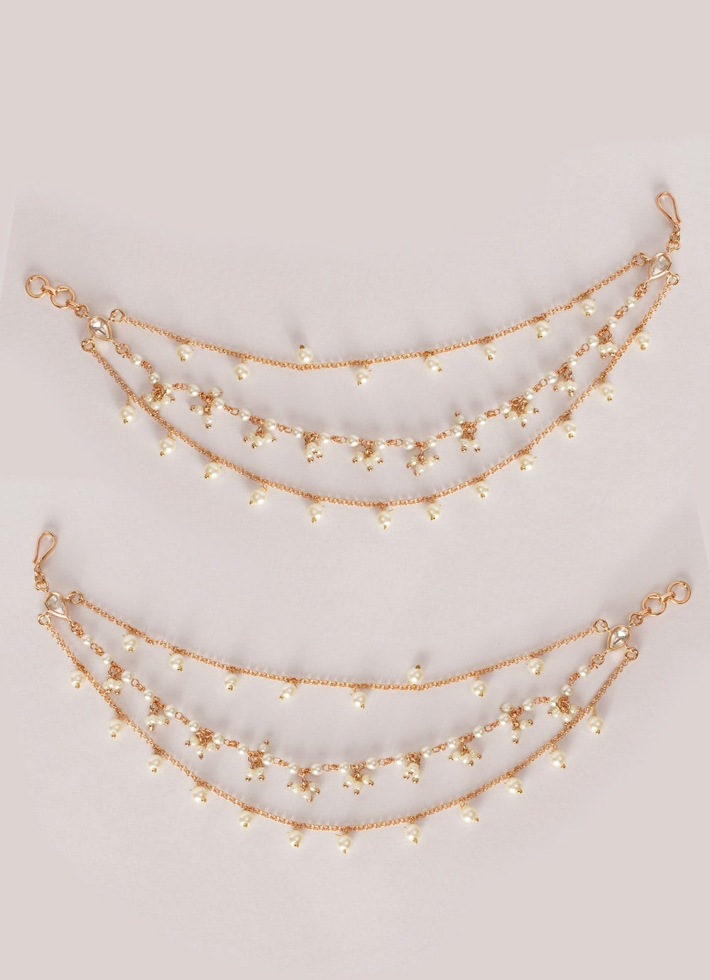 Gold Finish Kundan And Pearl Ear Chains Zevar by Geeta - Fabilicious Fashion
