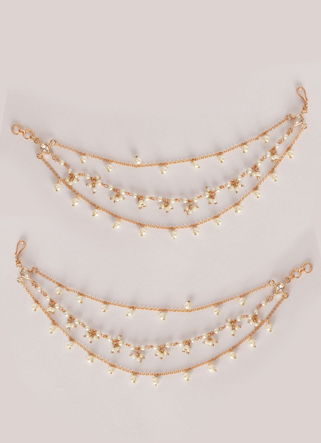 Gold Finish Kundan And Pearl Ear Chains Zevar by Geeta - Fabilicious Fashion