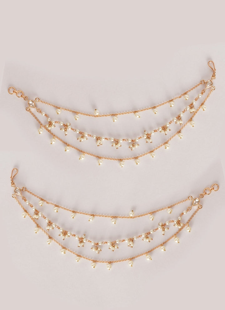 Gold Finish Kundan And Pearl Ear Chains Zevar by Geeta - Fabilicious Fashion