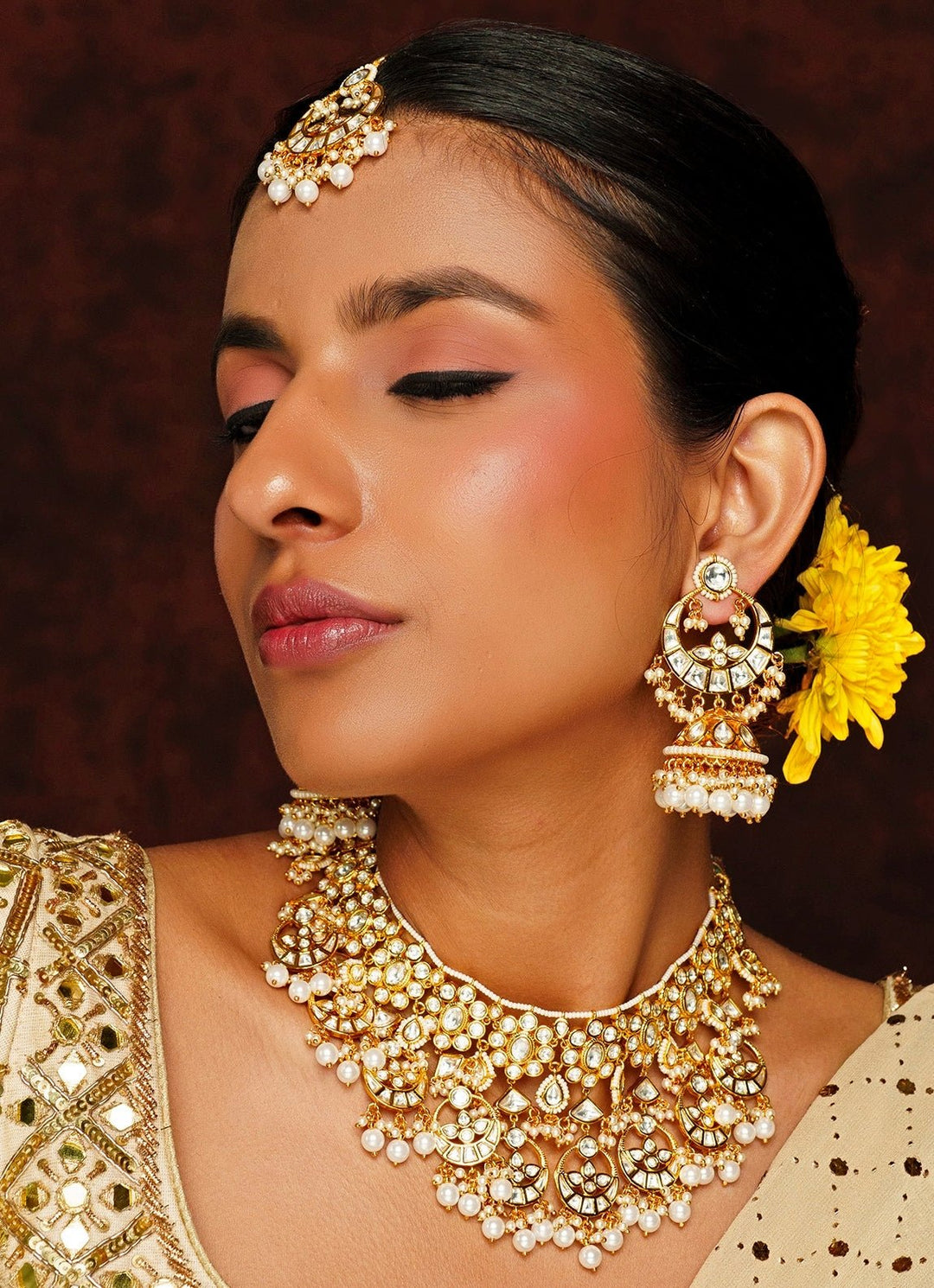 Gold Finish Kundan And Pearl Necklace Set With Maang Tikka Zevar By Geeta - Fabilicious Fashion
