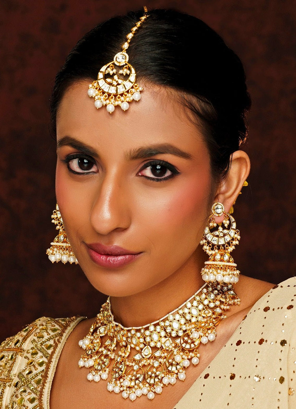 Gold Finish Kundan And Pearl Necklace Set With Maang Tikka Zevar By Geeta - Fabilicious Fashion