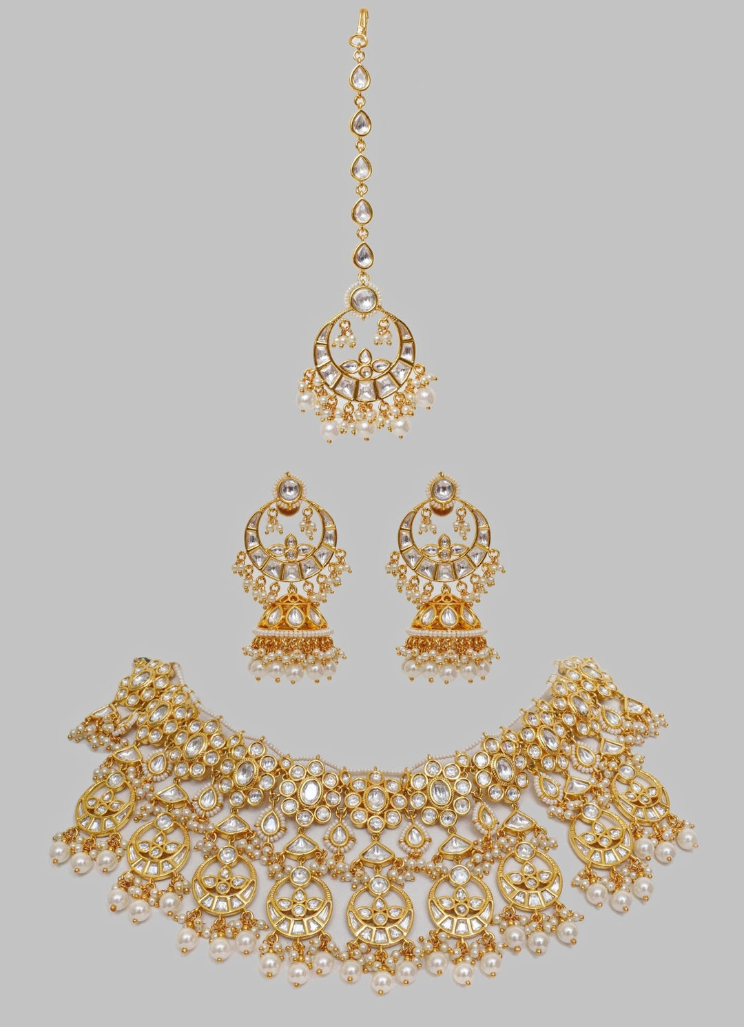 Gold Finish Kundan And Pearl Necklace Set With Maang Tikka Zevar By Geeta - Fabilicious Fashion