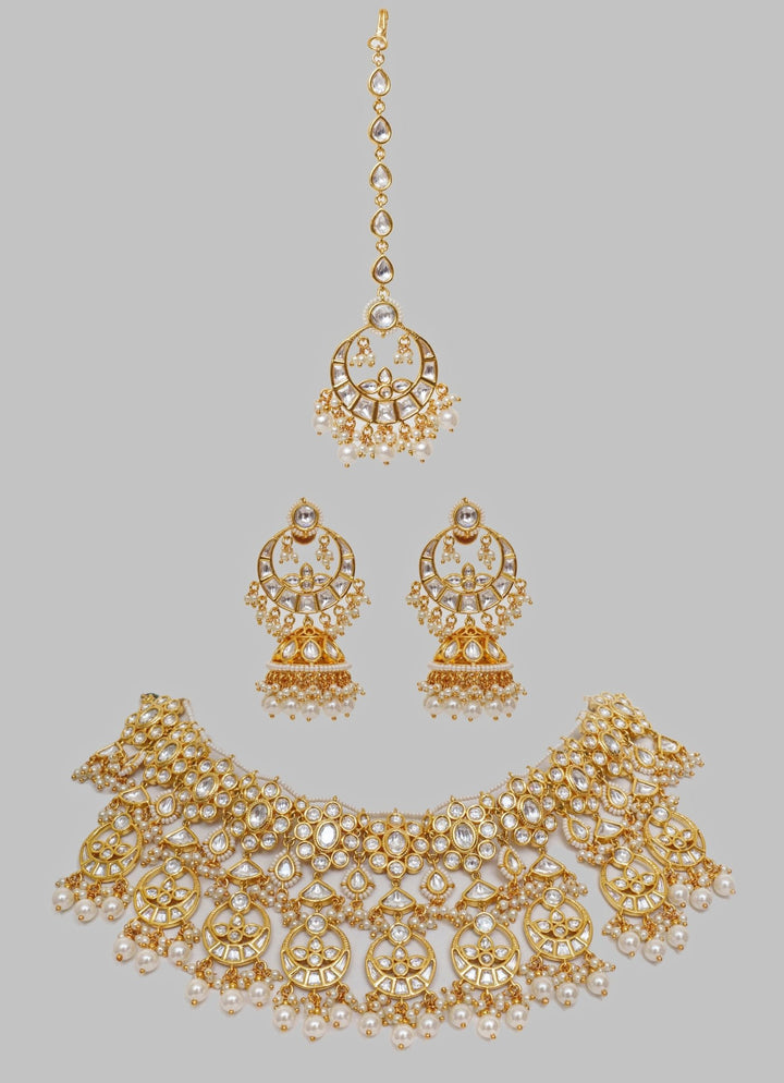 Gold Finish Kundan And Pearl Necklace Set With Maang Tikka Zevar By Geeta - Fabilicious Fashion