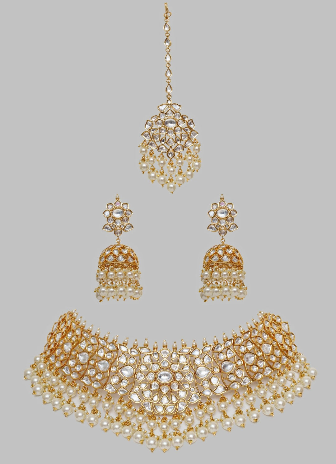 Gold Finish Kundan And Pearl Necklace Set Zevar By Geeta - Fabilicious Fashion