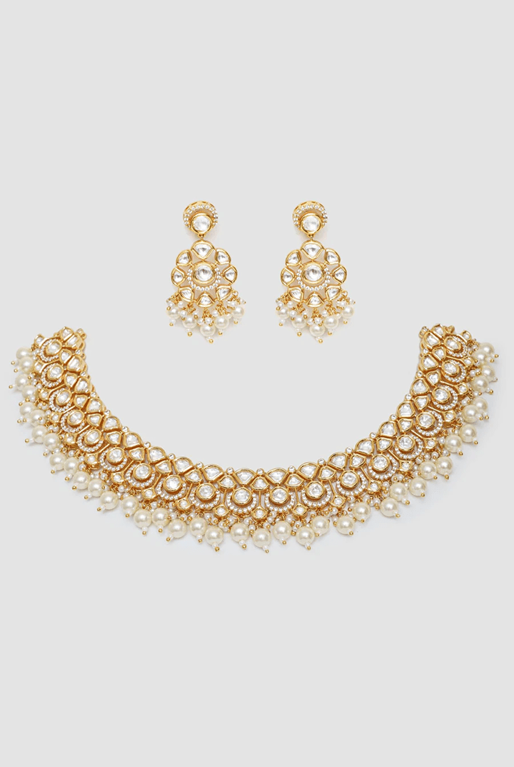 Gold Finish Kundan And Pearl Necklace Set Zevar By Geeta - Fabilicious Fashion