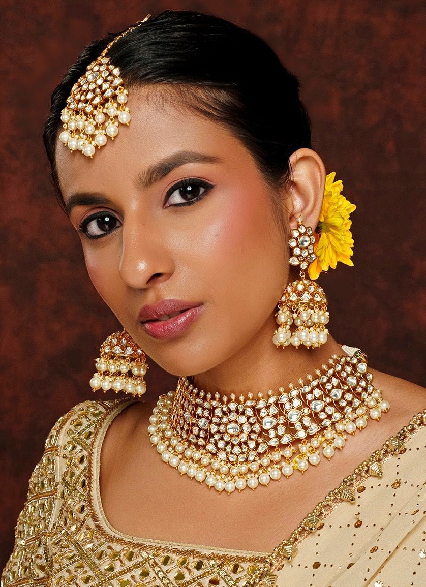 Gold Finish Kundan And Pearl Necklace Set Zevar By Geeta - Fabilicious Fashion