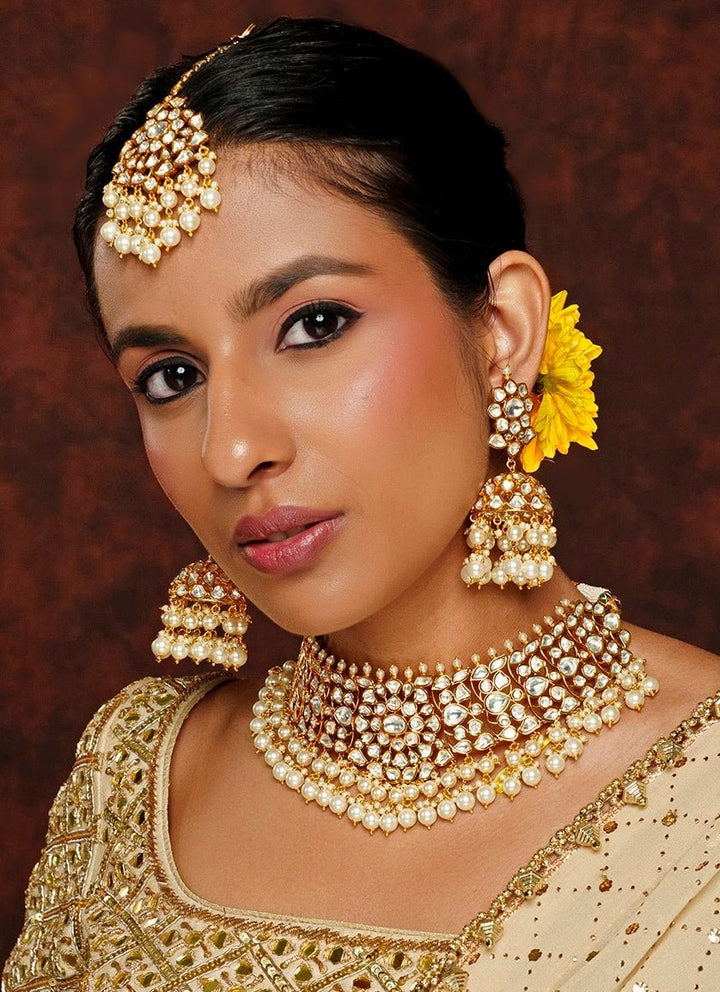 Gold Finish Kundan And Pearl Necklace Set Zevar By Geeta - Fabilicious Fashion