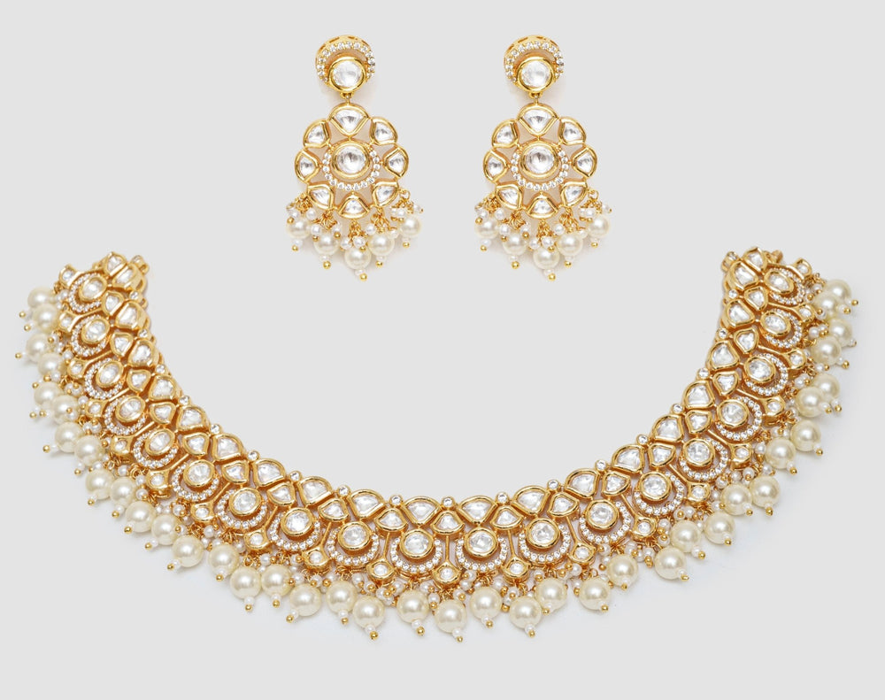 Gold Finish Kundan And Pearl Necklace Set Zevar By Geeta - Fabilicious Fashion