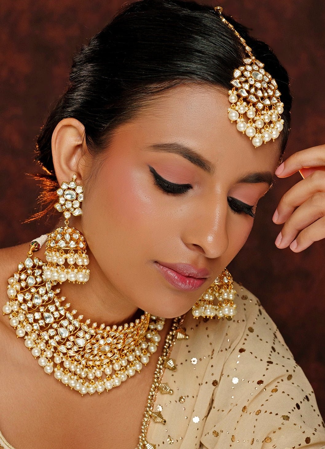 Gold Finish Kundan And Pearl Necklace Set Zevar By Geeta - Fabilicious Fashion