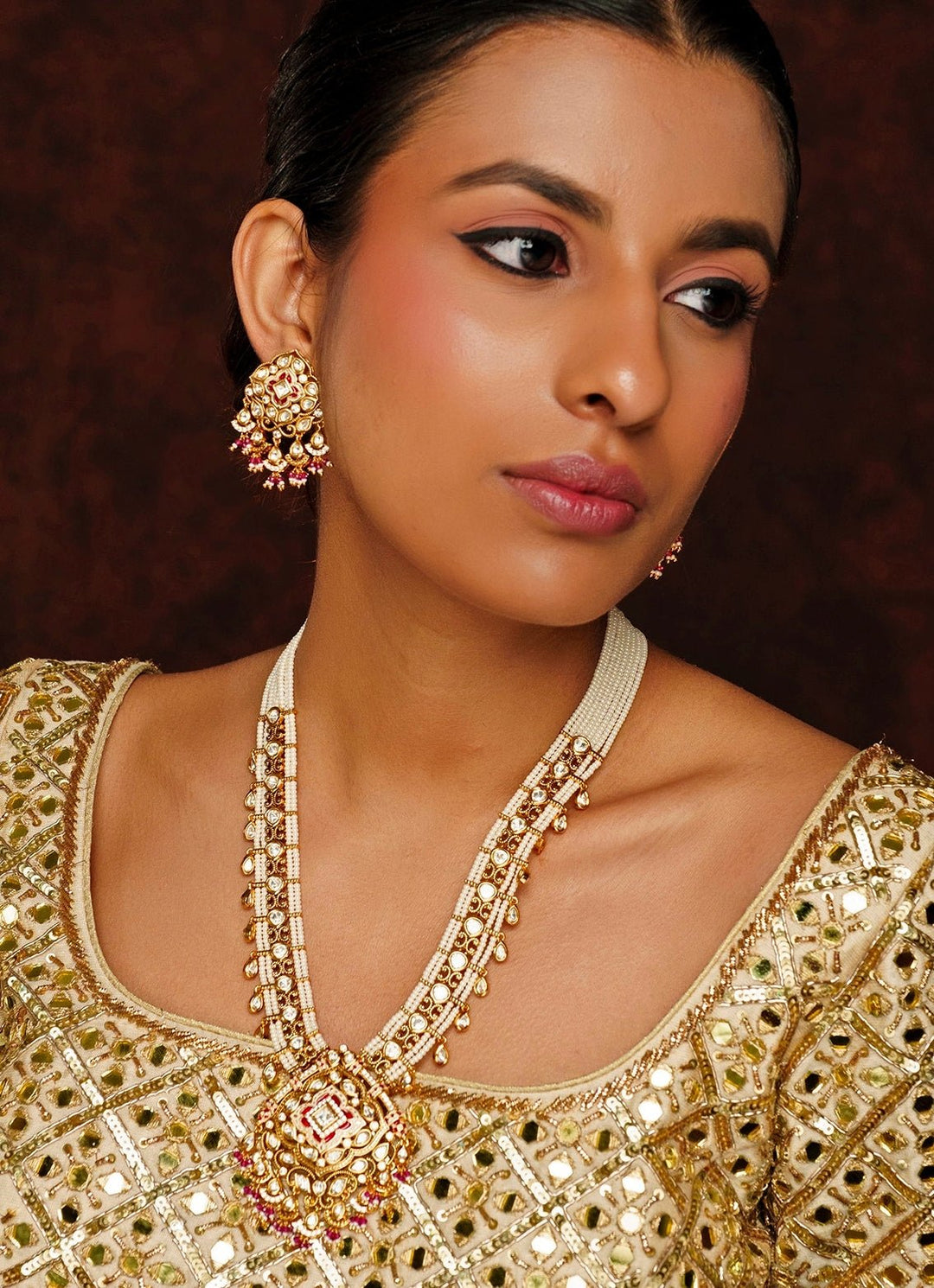Gold Finish Kundan And Pink Long Necklace Set Zevar By Geeta - Fabilicious Fashion