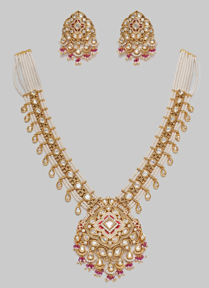 Gold Finish Kundan And Pink Long Necklace Set Zevar By Geeta - Fabilicious Fashion