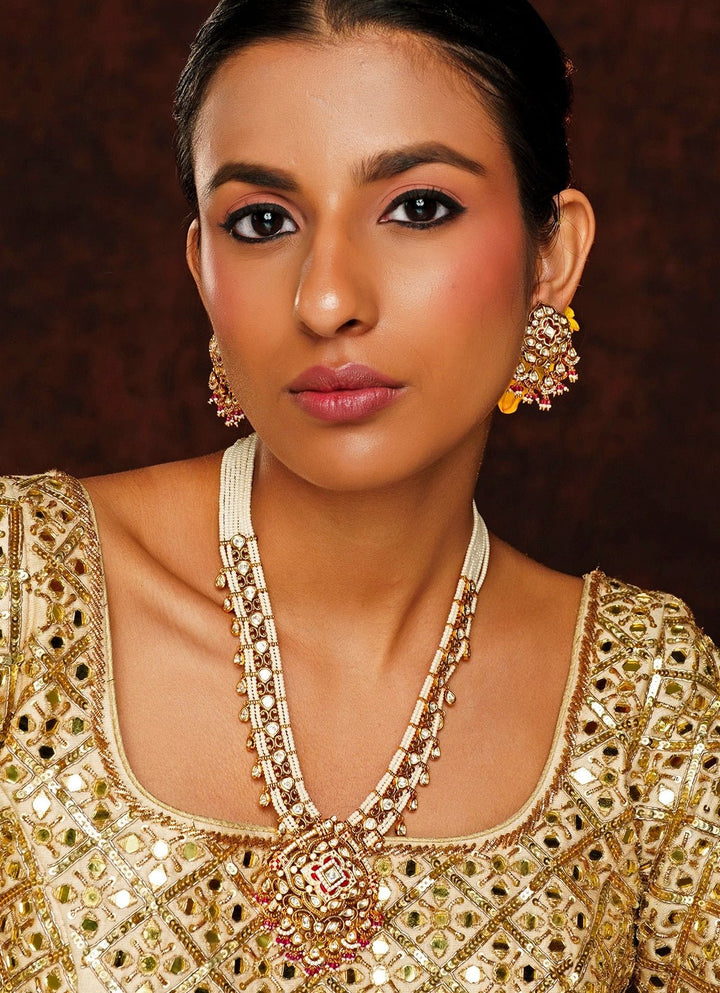 Gold Finish Kundan And Pink Long Necklace Set Zevar By Geeta - Fabilicious Fashion