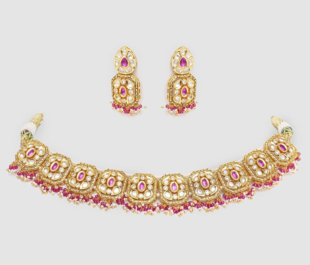 Gold Finish Kundan And Pink Stone Necklace Set Zevar By Geeta - Fabilicious Fashion