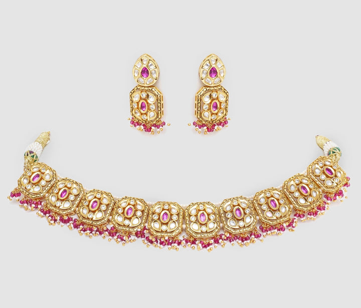 Gold Finish Kundan And Pink Stone Necklace Set Zevar By Geeta - Fabilicious Fashion
