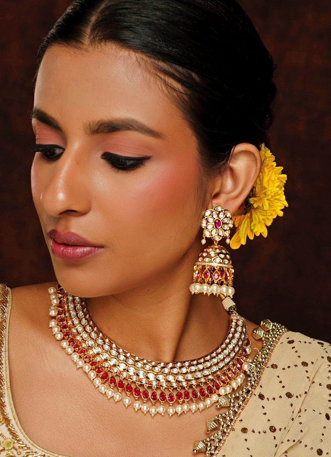 Gold Finish Kundan And Red Stone Necklace Set Zevar By Geeta - Fabilicious Fashion